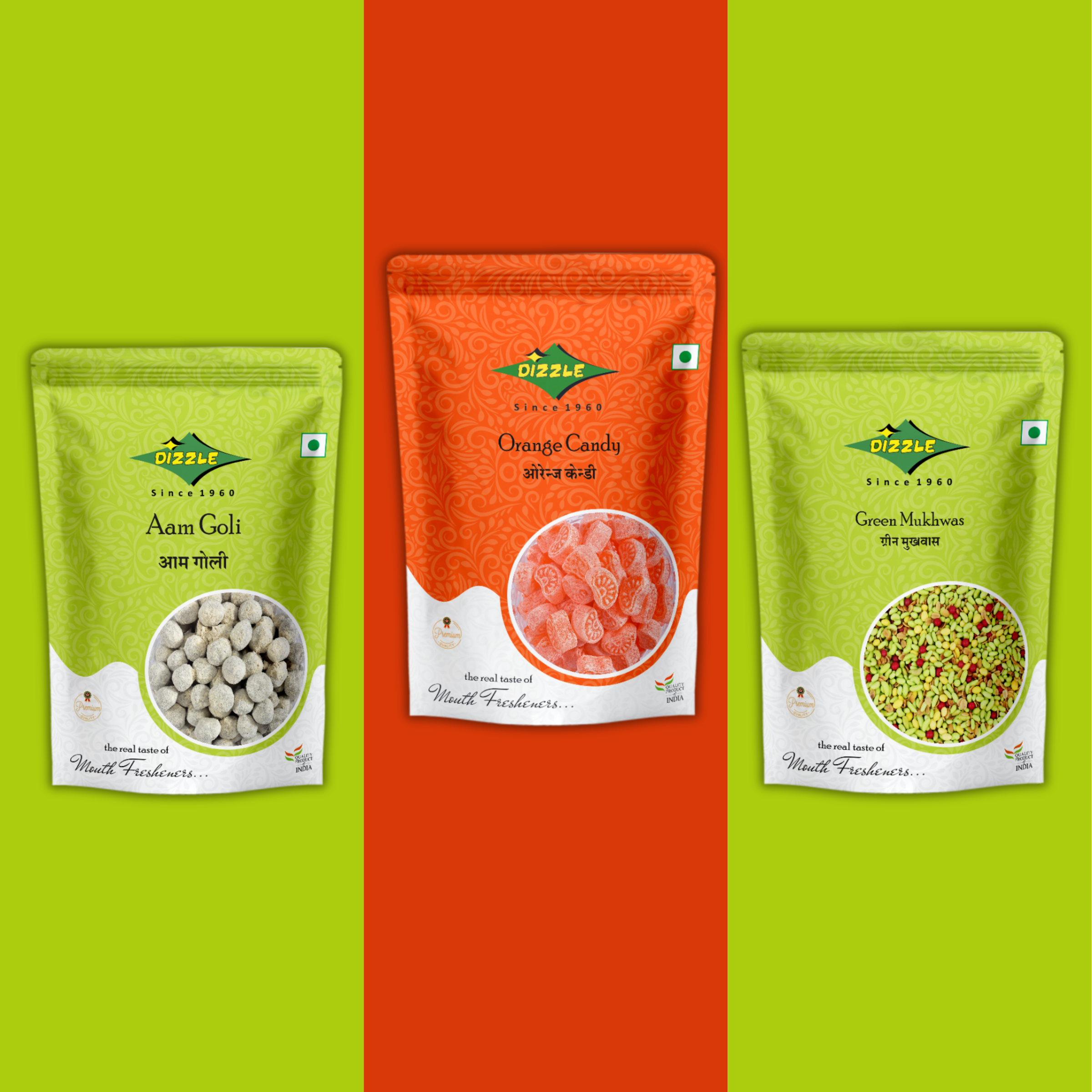 Dizzle Assorted Combo - Aam Goli, Orange Candy, Green Mukhwas