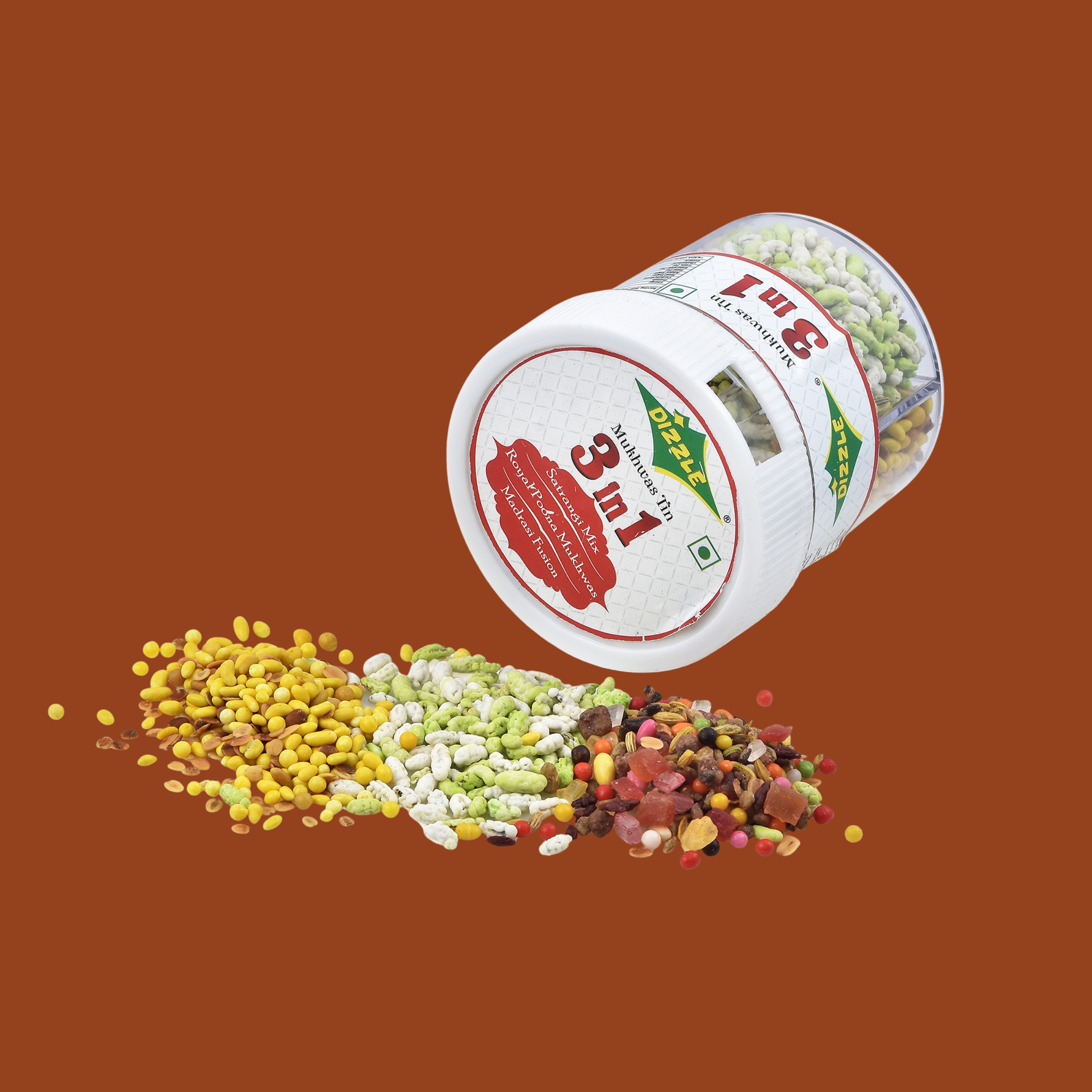Dizzle Mukgwas Tin 3 In 1 - (No Supari) (1 Tray = 6 pcs) (Satrangi Mix, Royal Poona mukhwas, Madrasi Fusion)