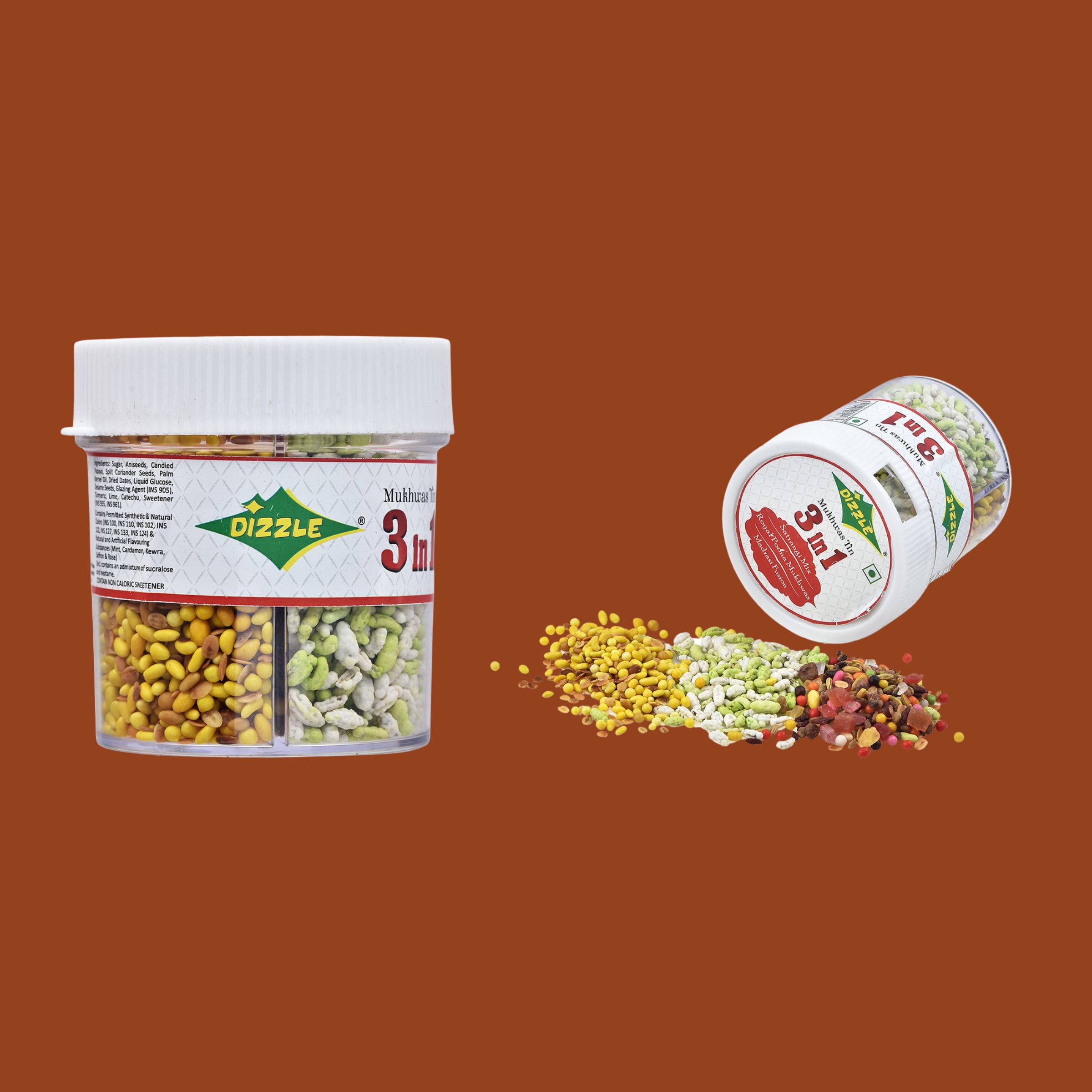 Dizzle Mukgwas Tin 3 In 1 - (No Supari) (1 Tray = 6 pcs) (Satrangi Mix, Royal Poona mukhwas, Madrasi Fusion)
