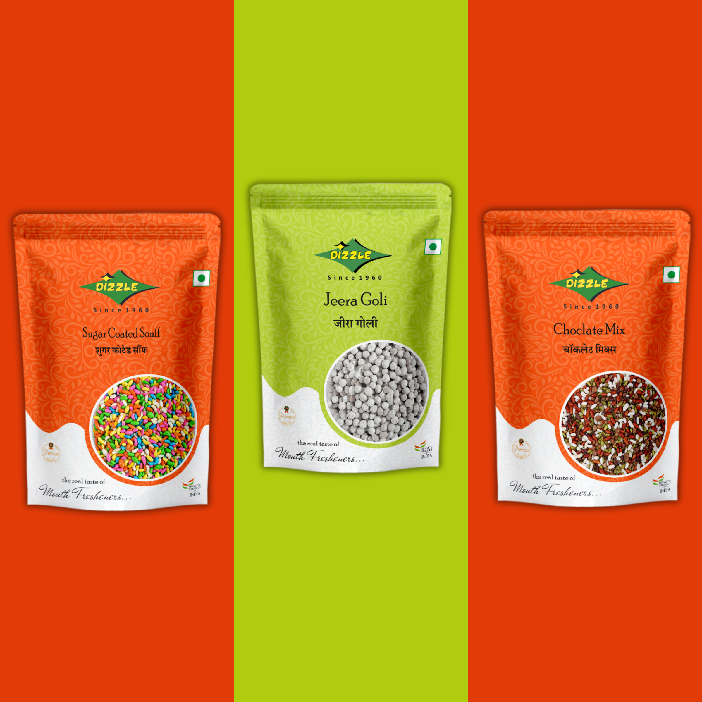 Dizzle Sugar Coated Sonff, Jeera Goli & Chocolate Mix Combo Pack (100g Each)