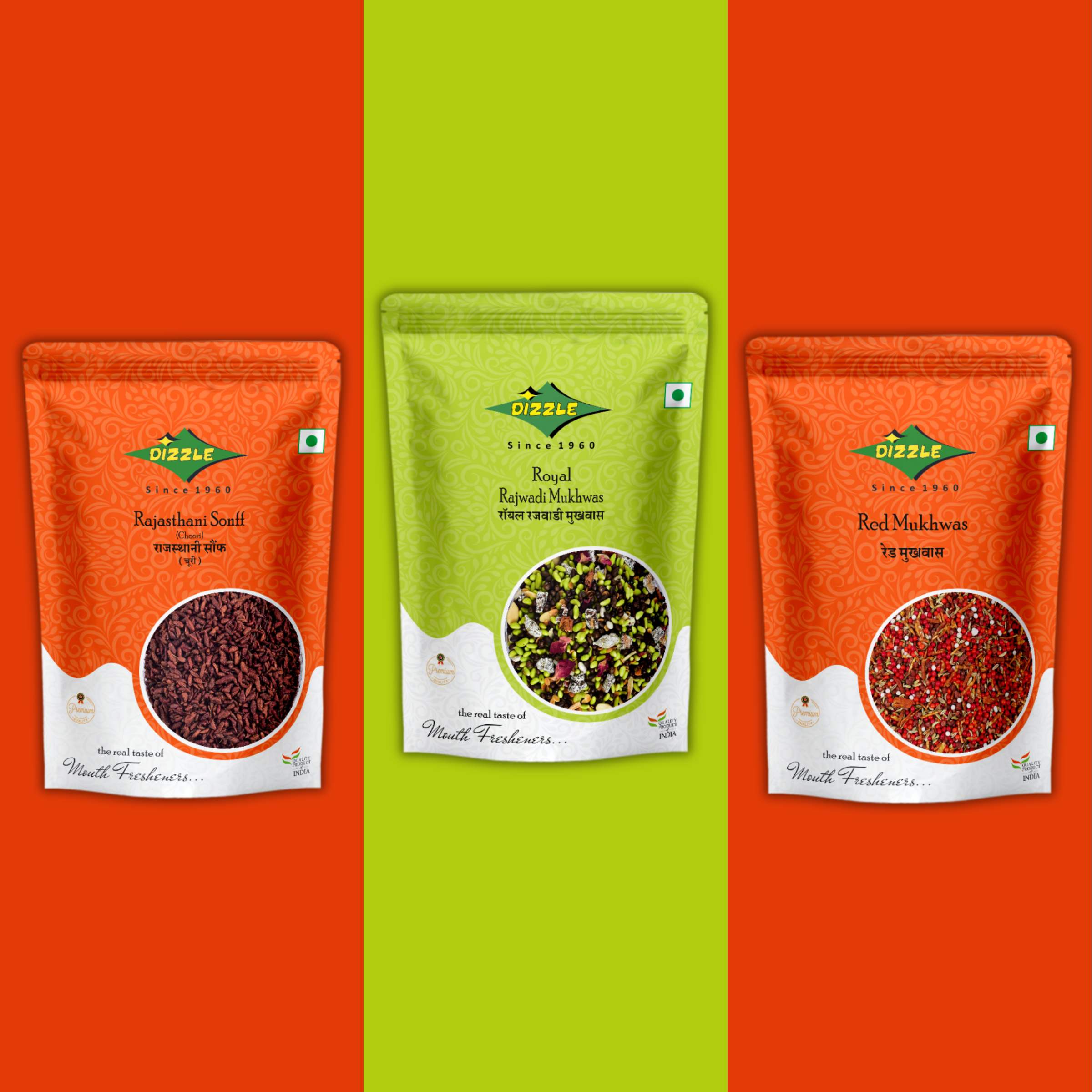 Dizzle Rajasthani Sonff (Choori), Royal Rajwadi Mukhwas & Red Mukhwas Combo Pack (100g Each)