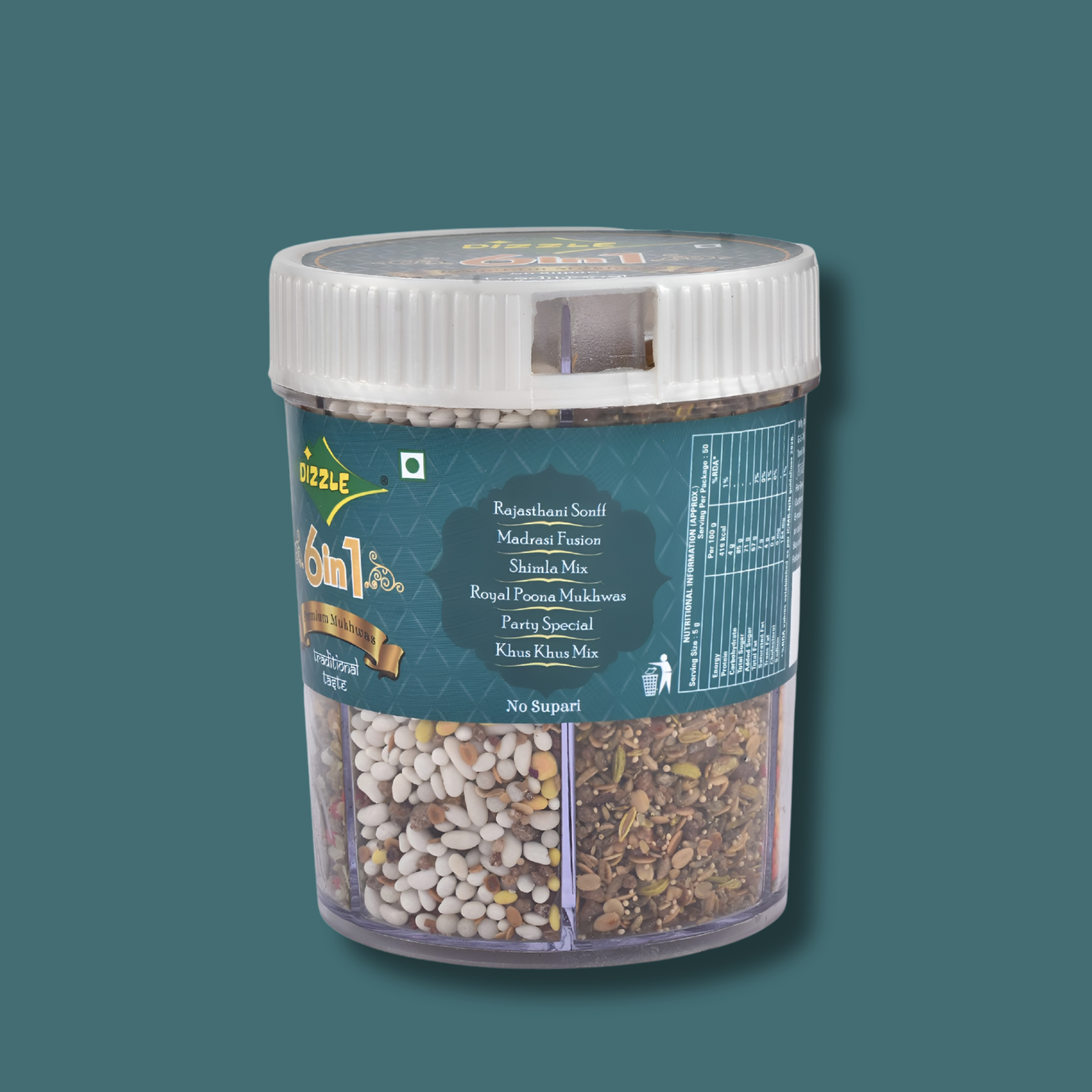 Dizzle Mukhwas Tin 6 In 1 - (No Supari) (1 Tray = 6 pcs) (Rajasthani Sonff, Madrasi Fusion, Shimla Mix, Royal Poona Mukhwas, Party Special, Khus Khus Mix)
