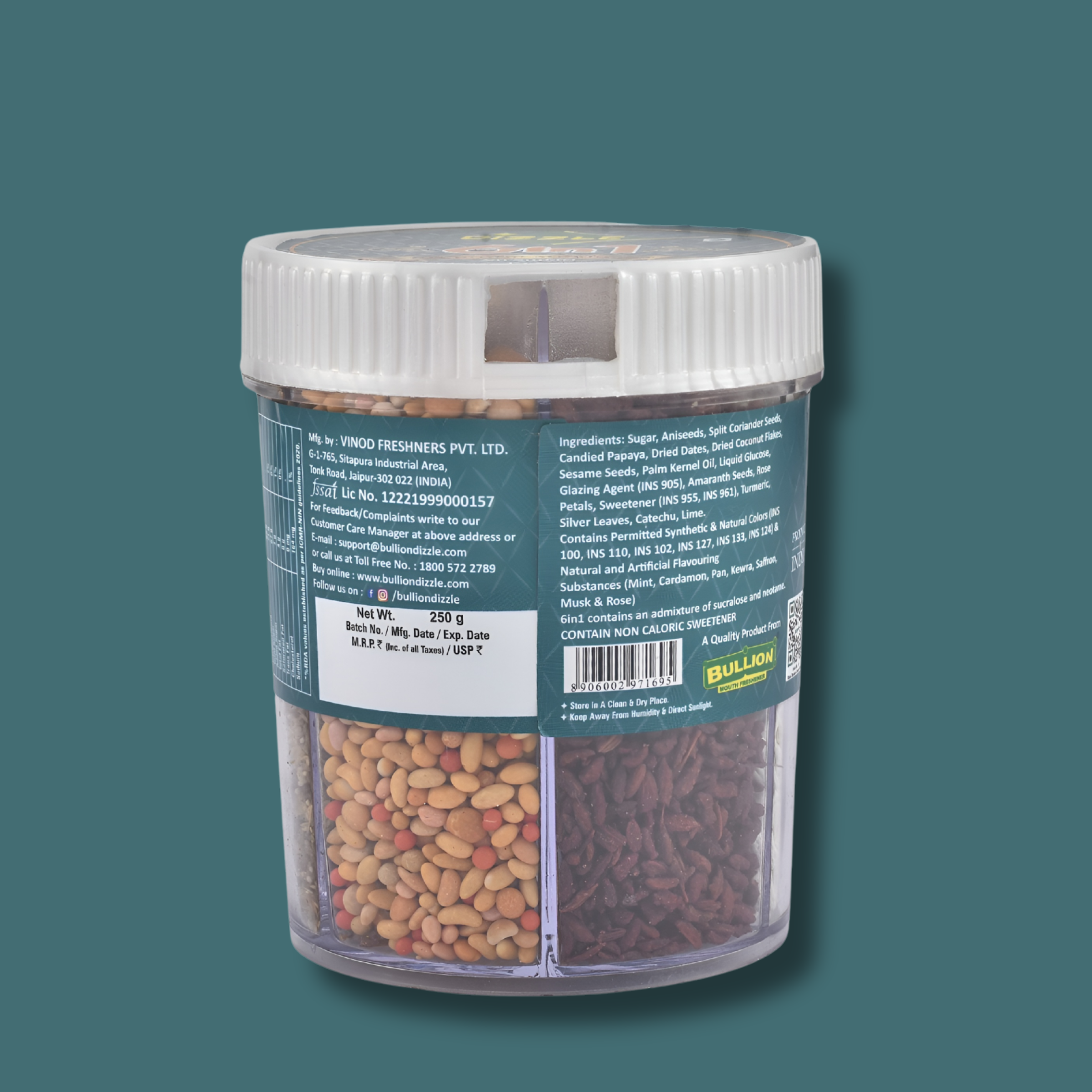 Dizzle Mukhwas Tin 6 In 1 - (No Supari) (1 Tray = 6 pcs) (Rajasthani Sonff, Madrasi Fusion, Shimla Mix, Royal Poona Mukhwas, Party Special, Khus Khus Mix)