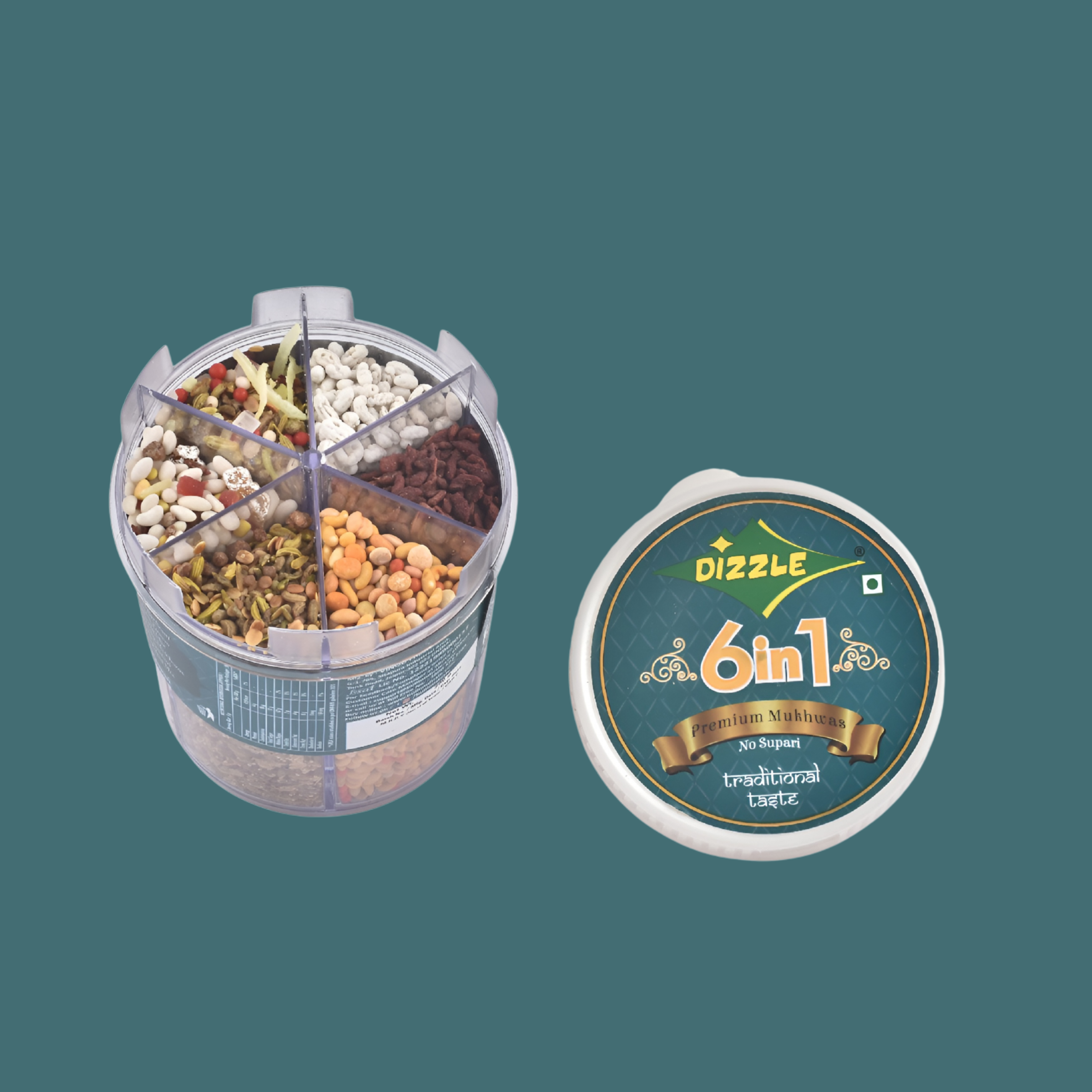 Dizzle Mukhwas Tin 6 In 1 - (No Supari) (1 Tray = 6 pcs) (Rajasthani Sonff, Madrasi Fusion, Shimla Mix, Royal Poona Mukhwas, Party Special, Khus Khus Mix)