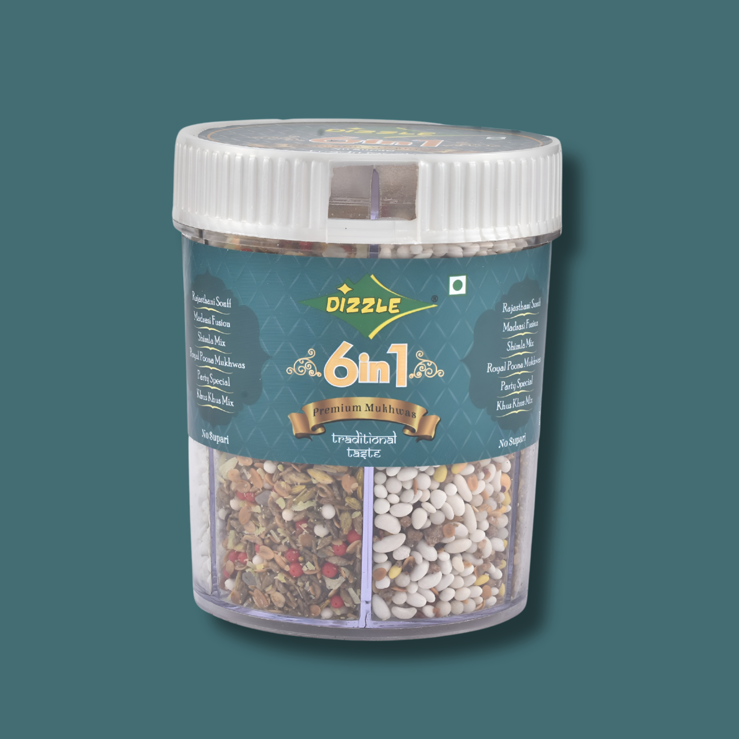 Dizzle Mukhwas Tin 6 In 1 - (No Supari) (1 Tray = 6 pcs) (Rajasthani Sonff, Madrasi Fusion, Shimla Mix, Royal Poona Mukhwas, Party Special, Khus Khus Mix)