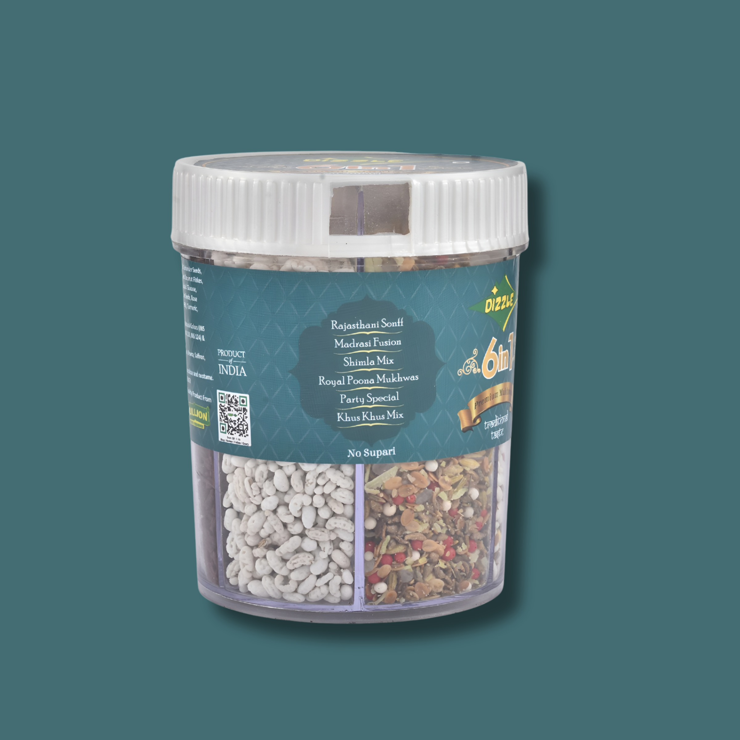 Dizzle Mukhwas Tin 6 In 1 - (No Supari) (1 Tray = 6 pcs) (Rajasthani Sonff, Madrasi Fusion, Shimla Mix, Royal Poona Mukhwas, Party Special, Khus Khus Mix)