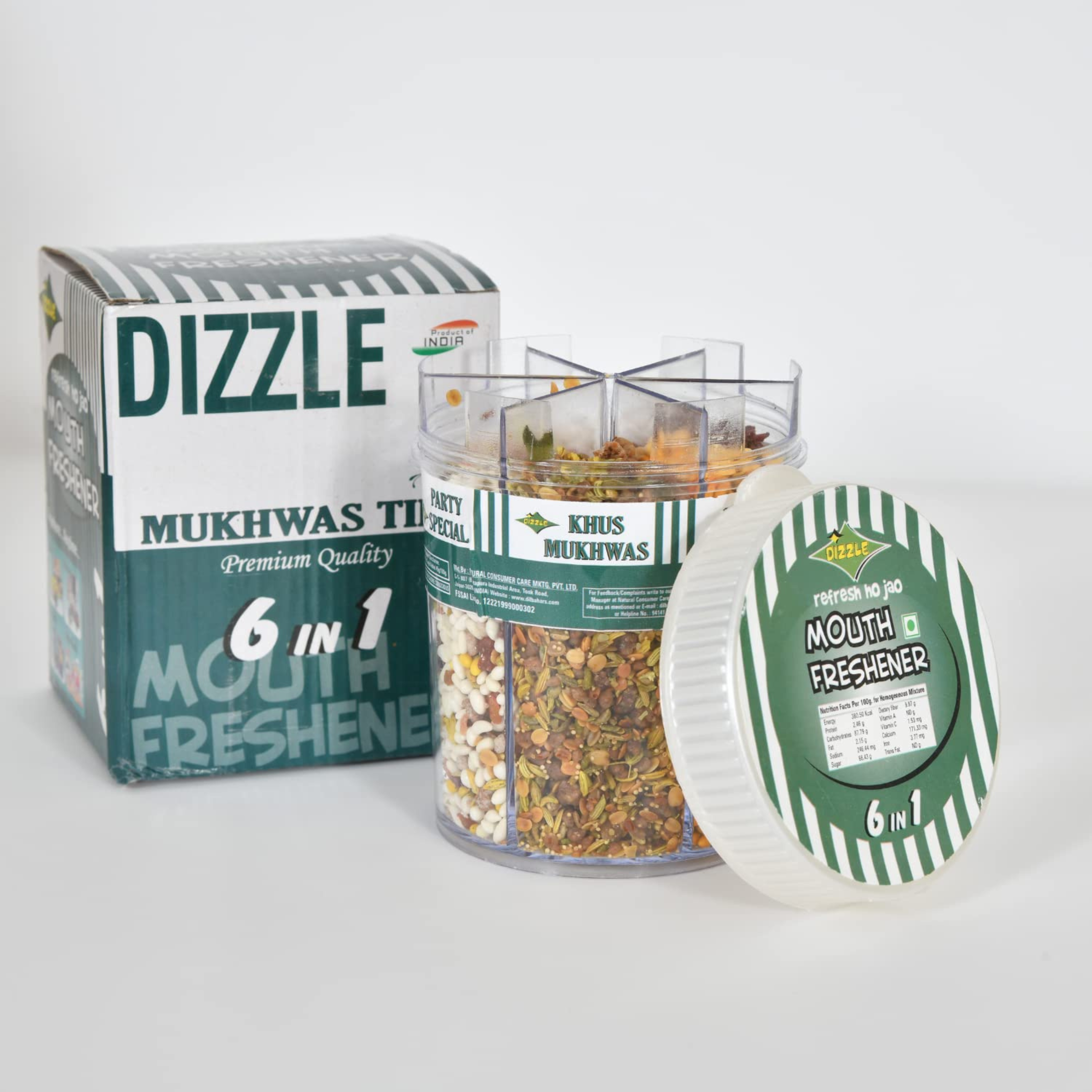 Dizzle Mukhwas Tin 6 In 1 - (No Supari) (1 Tray = 6 pcs) (Rajasthani Sonff, Madrasi Fusion, Shimla Mix, Royal Poona Mukhwas, Party Special, Khus Khus Mix)