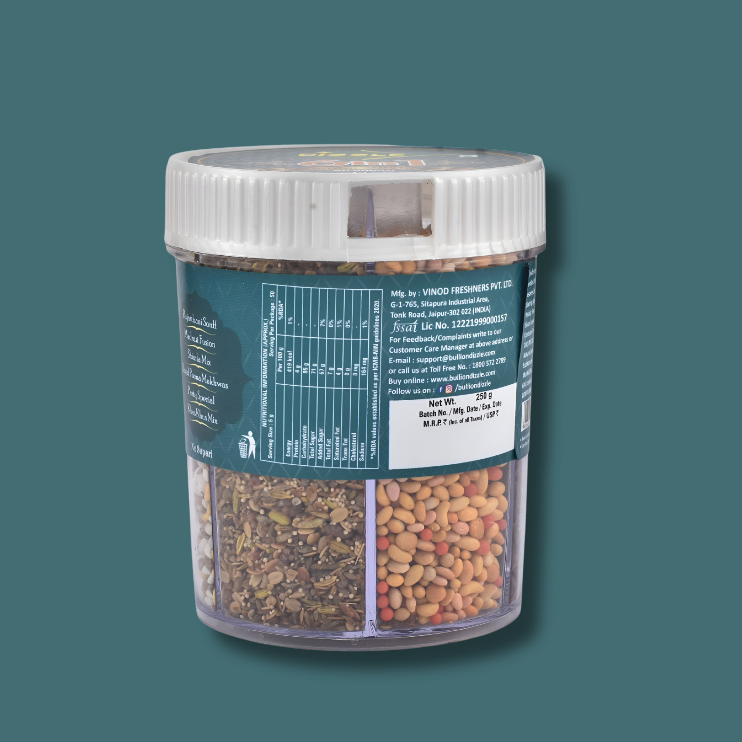 Dizzle Mukhwas Tin 6 In 1 - (No Supari) (1 Tray = 6 pcs) (Rajasthani Sonff, Madrasi Fusion, Shimla Mix, Royal Poona Mukhwas, Party Special, Khus Khus Mix)