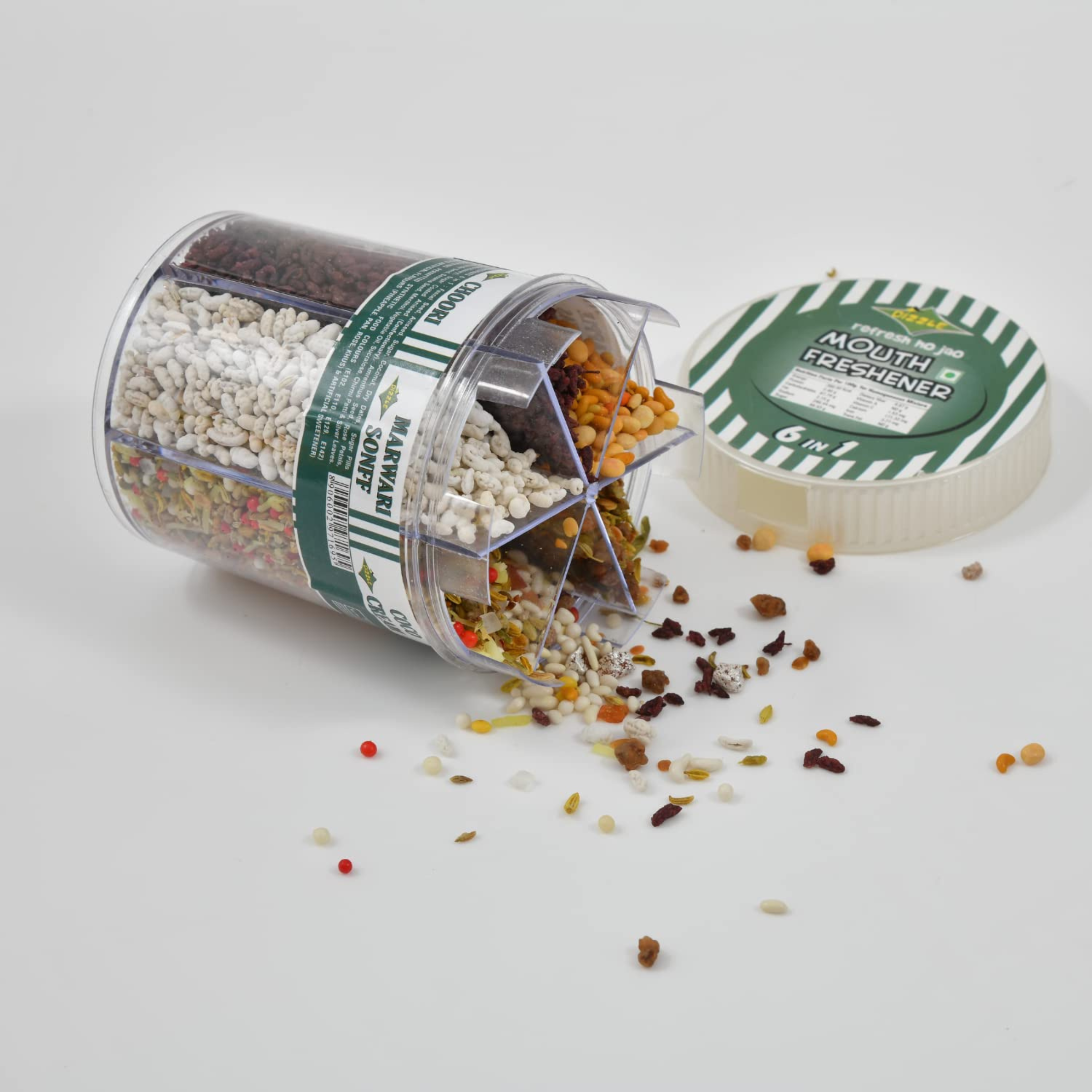 Dizzle Mukhwas Tin 6 In 1 - (No Supari) (1 Tray = 6 pcs) (Rajasthani Sonff, Madrasi Fusion, Shimla Mix, Royal Poona Mukhwas, Party Special, Khus Khus Mix)
